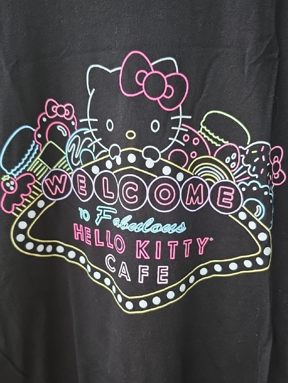 HELLO KITTY CAFE Las Vegas Black Tee with Neon Pastel Cafe Graphic